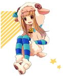  1girl animal_costume bad_id bad_pixiv_id bell brown_hair cosplay cow_bell ichihara_nina idolmaster idolmaster_cinderella_girls kigurumi long_hair pantyhose sheep_costume solo star striped striped_legwear 