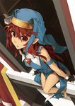  battle_sister_maple cardfight!!_vanguard elf fingerless_gloves gloves headdress looking_at_viewer nun oracle_think_tank pointy_ears red_eyes red_hair sleeveless 