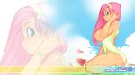  ass back bad_id bad_tumblr_id bare_shoulders bracelet breasts casual_one-piece_swimsuit cloud day doxy fluttershy green_eyes hairband highres huge_breasts jewelry kneeling long_hair my_little_pony my_little_pony_friendship_is_magic nipples one-piece_swimsuit personification pink_hair sky solo swimsuit umbrella wallpaper widescreen zoom_layer 