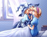 alice_margatroid apron blonde_hair blue_eyes book braid closed_eyes crying curtains eyelashes finger_to_mouth hat hat_ribbon headband kirisame_marisa long_sleeves multiple_girls nightgown nip_to_chip on_bed open_window parted_lips pillow profile ribbon shawl short_hair single_braid sitting snow snow_on_head streaming_tears tears touhou under_covers waist_apron wind window witch_hat yuri 