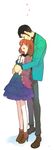  1girl arsene_lupin_iii black_hair blush brown_hair castle_of_cagliostro clarisse_de_cagliostro closed_eyes couple green_jacket happy hetero holding_hands hug hug_from_behind jacket lupin_iii necktie short_hair sideburns smile toujou_sakana yellow_neckwear 