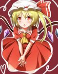  adapted_costume alternate_costume ascot bad_id bad_pixiv_id blonde_hair bow crystal dress flandre_scarlet hat hat_ribbon kuroganeruto open_mouth red_eyes ribbon sailor_dress short_hair side_ponytail sitting solo touhou wings 