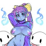  blue_eyes blue_skin borrowed_character bottomless bow breasts clothes_lift eyeshadow ghost hair_bow hitodama large_breasts long_hair makeup maniacpaint marina_(noill) navel nipples no_bra original ponytail pose puckered_lips purple_hair sweater sweater_lift turtleneck 