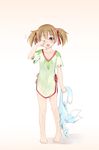  barefoot blush brown_hair highres hoshino_ouka legs looking_at_viewer nightgown no_pants one_eye_closed open_mouth pina_(sao) rubbing_eyes short_hair short_twintails silica sleepwear sleepy solo sword_art_online twintails 