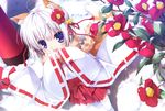  animal_ears blue_eyes chikotam dengeki_moeoh flowers foxgirl japanese_clothes miko original short_hair snow tail thighhighs white_hair 