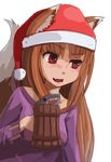  animal_ears beer_mug blush brown_hair cup dress drunk fang hat holding holding_cup holo long_hair red_eyes santa_hat shark solo spice_and_wolf sunimu tail wolf_ears wolf_tail 