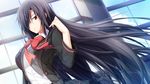  1girl game_cg hair_over_one_eye indoors kashiwagi_narumi long_hair red_eyes school_uniform sky solo soukoku_no_arterial yakuri 