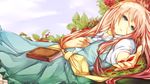  blue_eyes book dress ia_(vocaloid) long_hair lying outstretched_arm pecotank petals pink_hair sky solo vocaloid 