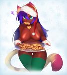  blue_eyes breasts brown_fur cat christmas cookie dialog ember erect_nipples feline female fur hair hat holidays kanel long_hair looking_at_viewer mammal natural_breasts nipples plain_background purple_hair santa_hat solo standing text white_background 