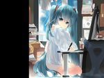  bad_id bad_pixiv_id blue_eyes blue_hair bottomless calendar_(object) chopsticks cup_ramen hair_tousle hatsune_miku highres laundry left-handed long_hair magnet monitor no_panties no_pants pen seiza sitting solo tan_(carbon) vocaloid wind_chime 