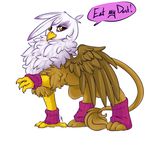  avian brown_feathers brown_fur english_text female feral fluffy friendship_is_magic fur gilda_(mlp) gryphon leg_warmer legwear my_little_pony plain_background solo text tiki_san white_background white_feathers wings yellow_eyes 