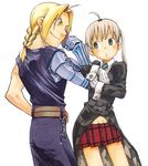  :o absurdres ahoge arakawa_hiromu blonde_hair chains crossover edward_elric fullmetal_alchemist green_eyes highres maka_albarn necktie okubo_atsushi plaid plaid_skirt short_hair skirt smile soul_eater twintails yellow_eyes 