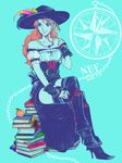  1girl alternate_costume bare_shoulders blue book boots compass dress earrings female fingerless_gloves food fruit full_body gloves gun high_heel_boots high_heels holster jewelry nami nami_(one_piece) necklace one_piece orange orange_hair ring side_slit sitting smile solo thighhighs weapon 