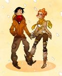  1boy 1girl alternate_costume boots hand_holding hat hat_removed headwear_removed highres jacket leggings monkey_d_luffy nami nami_(one_piece) one_piece patterned_legwear scarf shorts snow straw_hat 