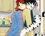  blush chris_(character) couple droopy_ears feline female fondling green_eyes hair kitchen likemaniac likemaniac_(character) male mammal red_hair straight stripes tiger white_tiger 