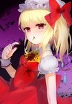  ascot bad_id bad_pixiv_id blonde_hair blood blood_in_mouth bloody_clothes crystal dress eating flandre_scarlet garters hat hat_ribbon highres open_mouth puffy_sleeves red_eyes ribbon short_hair side_ponytail solo tamaki_(more-bear) touhou wings 