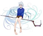  :d anklet arms_behind_back bad_id bad_pixiv_id bangs bare_legs barefoot blue_eyes cutoffs drawstring feet floating_hair full_body genderswap genderswap_(mtf) gradient hannisen highres holding holding_weapon hood hoodie jack_frost_(rise_of_the_guardians) jewelry legs long_hair long_sleeves looking_at_viewer open_mouth rise_of_the_guardians short_shorts shorts sitting smile solo staff very_long_hair weapon white_background white_hair 