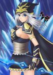  1girl armlet armor ashe_(league_of_legends) blue_eyes bow_(weapon) breasts cape fingerless_gloves gloves glowing glowing_eyes hood ice large_breasts league_of_legends long_hair shoulder_pads sideboob signature silver_hair tonnelee tryndamere weapon 