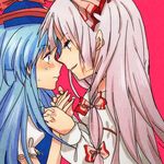  bad_id bad_pixiv_id blue_hair blush from_side fujiwara_no_mokou hair_ribbon hat holding_hands kamishirasawa_keine light_smile multiple_girls nervous pink_background profile ribbon silver_hair sweatdrop touhou tress_ribbon tyeinn-suineryuu yuri 