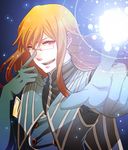  adjusting_eyewear fuuka_(fu-haru) glasses gloves jade_curtiss long_hair magic male_focus open_mouth orange_hair smile solo tales_of_(series) tales_of_the_abyss 