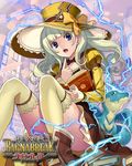  anerath bangs blue_eyes book boots bow bowtie earrings electricity hat holding holding_book jewelry lace long_hair matsui_hiroaki open_book open_mouth shinma_x_keishou!_ragnabreak silver_hair sitting solo thighhighs white_legwear 