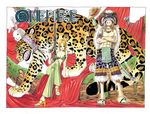  1boy 1girl 2001 abs animal animal_print armband bikini_top bodypaint border bow_(weapon) cat copyright_name cover cover_page crossed_arms duo gun helmet high_heels highres horns jewelry leopard leopard_print loincloth monkey_d_luffy nami nami_(one_piece) necklace oda_eiichirou official_art one_piece open_shoes orange_hair sandals shoes sitting tattoo topless weapon 