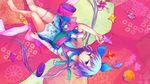  aoki_lapis barefoot blue_eyes fishnets gem hair_tubes highres long_hair lying ninja on_back origami paper_crane pinwheel purple_hair shinryou_rei shoes_removed solo upside-down very_long_hair vocaloid 