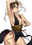  1girl absurdres alternate_costume armpits arms_up black_panties blush bracelet breasts brown_eyes brown_hair cameltoe capcom china_dress chinese_clothes chun-li cleavage double_bun dress highres jewelry kansuke large_breasts looking_at_viewer panties short_hair simple_background spiked_bracelet spikes standing street_fighter street_fighter_iv thighhighs underwear white_background 