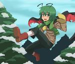  alternate_costume antennae blue_sky boots cape cloud day gazacy_(dai) green_eyes green_hair jacket looking_at_viewer mittens open_mouth pants pantyhose pantyhose_under_trousers scarf sky smile snow solo touhou tree winter_clothes wriggle_nightbug 