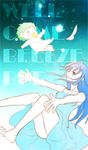  1boy 1girl baby baby_be&#039;el baby_be'el bare_feet bare_shoulders barefoot beelzebub_(manga) blue_background blue_eyes blue_hair breasts dress english green_eyes green_hair kunieda_aoi long_hair pacifier short_hair 