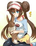  black_legwear blue_eyes blush brown_hair double_bun eevee gen_1_pokemon irouha long_hair mei_(pokemon) pantyhose pokemon pokemon_(creature) pokemon_(game) pokemon_bw2 raglan_sleeves shorts sitting twintails visor_cap wariza 