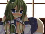  all_fours bad_id bad_pixiv_id blue_eyes blush bottomless breasts breasts_outside chimunge detached_sleeves frog_hair_ornament green_hair hair_ornament kochiya_sanae large_breasts long_hair looking_at_viewer necktie smile snake_hair_ornament solo thighhighs touhou white_legwear window 