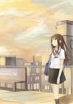  ataru_(ataru_squall) bag bird brown_eyes brown_hair cityscape cloud dress_shirt expressionless kneehighs long_hair looking_away original pleated_skirt red_sky school_bag school_uniform shirt shoulder_bag skirt sky solo standing wind 