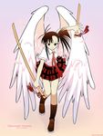  absurdres akamatsu_ken angel_wings black_hair brown_eyes dual_wielding feathers full_body highres holding katana mahora_academy_middle_school_uniform mahou_sensei_negima! necktie plaid plaid_skirt reverse_grip sakurazaki_setsuna school_uniform sheath sheathed side_ponytail simple_background skirt smile socks solo sword vector_trace wakizashi weapon wings 