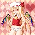  :t alternate_hair_length alternate_hairstyle ascot blonde_hair flandre_scarlet hanazome_dotera hands_on_hips hat long_hair navel no_panties pout short_shorts shorts solo touhou unzipped wings 