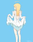  angel_wings artist_name bare_shoulders blonde_hair blue_background closed_eyes detached_sleeves dress dress_lift from_behind halo long_hair original simple_background solo taisos white_dress wings 
