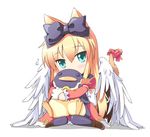  animal_ears aoba_(kmnm3234) aqua_eyes aruma_(shinrabanshou) bird blonde_hair blush bow cat_ears cat_tail chibi hair_bow hug long_hair multiple_wings pantyhose penguin shadow shinrabanshou simple_background sitting solo stuffed_animal stuffed_toy tail tail_bow wariza white_background white_wings wings 