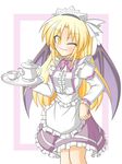  bat_wings blonde_hair bow cop_(shokkidana) dress kurumi_(touhou) long_hair maid_headdress one_eye_closed purple_wings ribbon skirt smile solo touhou touhou_(pc-98) tray waitress wings yellow_eyes 