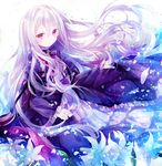 bow brooch dress flower ibara_riato jewelry layered_dress lily_(flower) long_hair long_sleeves looking_at_viewer original petals purple_dress purple_eyes silver_hair solo white_dress 