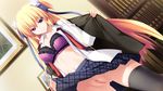  1girl blonde_hair bra breasts censored game_cg indoors long_hair purple_eyes pussy school_uniform shiina_sayane skirt skirt_lift solo soukoku_no_arterial thighhighs underwear undressing yakuri 