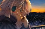  1girl blonde_hair blue_eyes blush building city cityscape coat fur_trim fur_trimming green_eyes hood horizon jacket looking_at_viewer original sakaki_(noi-gren) scarf short_hair sky smile solo sunset 