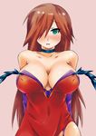  1girl aqua_eyes blush breasts brown_hair choker green_eyes hair_over_one_eye large_breasts long_hair looking_at_viewer nyx queen&#039;s_blade queen's_blade solo tetotepenson 
