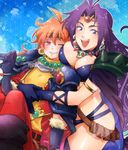  ;t ahoge armor bikini_armor blue_background boots breasts cape circlet colored_eyelashes gloves hair_intakes headband hug hug_from_behind jewelry large_breasts lina_inverse long_hair mizuizumi multiple_girls naga_the_serpent necklace one_eye_closed orange_hair pauldrons purple_eyes purple_hair red_eyes revealing_clothes slayers 