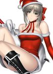  1girl absurdres bag bare_shoulders blush boots breasts cassandra_alexandra choker christmas cleavage elbow_gloves gloves green_eyes hair_ornament hat highres kansuke looking_at_viewer santa_hat simple_background sitting smile solo soul_calibur sword weapon white_background 
