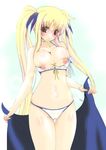  areolae bikini blonde_hair blush body_blush bow breasts bursting_breasts cameltoe fate_testarossa frapowa front-tie_top hair_bow large_breasts long_hair looking_at_viewer lyrical_nanoha mahou_shoujo_lyrical_nanoha_strikers navel nipples red_eyes shiny shiny_skin sidelocks solo swimsuit thigh_gap twintails undersized_clothes very_long_hair 