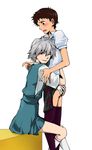  ass ass_grab blush brown_hair cosplay crossdressing grabbing_another's_ass grey_hair groping hug ikari_shinji makinami_mari_illustrious makinami_mari_illustrious_(cosplay) male_focus mesto multiple_boys nagisa_kaworu neon_genesis_evangelion one_eye_closed rebuild_of_evangelion school_uniform skirt underwear yaoi 