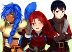  armor black_hair blue_eyes blue_hair blush brown_eyes crossed_arms crossover crowe_f._almedio hair_over_shoulder hamada_kenji koriina lias_warren long_hair male_focus multi-tied_hair multiple_boys one_eye_closed red_armor red_hair ronixis_kenni seiyuu_connection smile star_ocean star_ocean_first_departure star_ocean_the_last_hope surcoat tail tan v white_background 