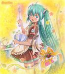  ahoge apron artist_name bandaid bandaid_on_arm bandaid_on_finger bowl cooking dishes flower gift green_eyes green_hair hatsune_miku long_hair looking_back marker_(medium) mayo_riyo open_mouth sink skirt solo spring_onion thighhighs traditional_media twintails very_long_hair vocaloid whisk 