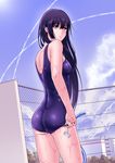  ass black_hair chain-link_fence cloud day fence flower hair_flower hair_ornament hair_tie highres hose long_hair looking_back one-piece_swimsuit purple_eyes sanka_rea sankarea school_swimsuit sexually_suggestive sky swimsuit tipyhoho water wet 