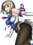  1girl absurdres aqua_eyes bare_shoulders blonde_hair blush bob_cut breasts brown_hair cassandra_alexandra elbow_gloves erect_nipples gloves green_eyes hairband highres jumping kansuke open_mouth pantyhose short_hair shoulder_pads simple_background smile solo soul_calibur soulcalibur_ii 